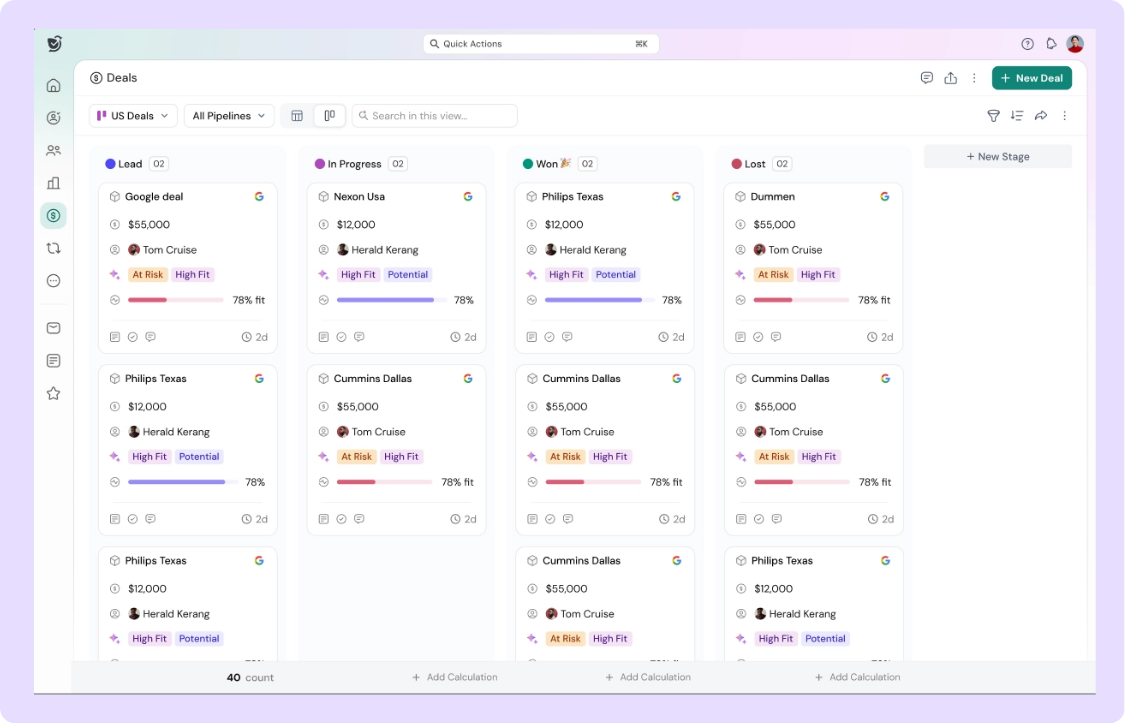 Sparrowcrm's deals dashboard in kanban view to manage the deals.